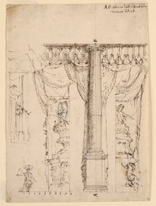 Skiss för tre sidovingar med del av Proscenium-ram av Unknown artist
