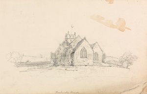 Skiss av en liten lantlig kyrka; skiss av ett skepp av Unknown artist