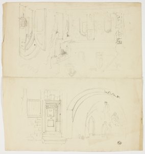 Skisser av dörröppning, figurer, byggnad med sidoingång till kyrka (recto); Skiss av tornspira (verso) av Unknown artist