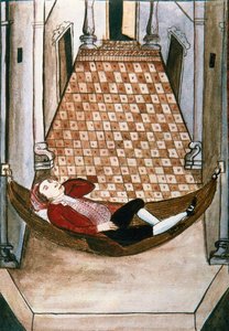 Sömnig spanjor i en hängmatta i ett rikt palats, från boken "Trujillo del Peru" eller "Codex Martinez Companion", av Baltazar Martinez Companion och Bujanda, biskop av Trujillo (1782-1785) av Unknown artist
