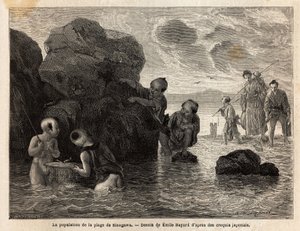 Små fiskeaktiviteter på en strand i Sinagawa, barn plaskar i vattnet och fångar krabbor och småfiskar. Gravyr för att illustrera resan till Japan, 1863-1864, av Aime Humbert, minister för Schweiziska edsförbundet, i "" Le tour du monde, nouveau j av Unknown artist