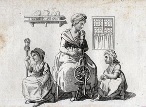 Spinning: mamma och hennes döttrar spinner ull. Kvinnan använder ett spinnhjul och hennes dotter använder en stjärt. Slutgravyr av 1700-talet. Privat samling. av Unknown artist