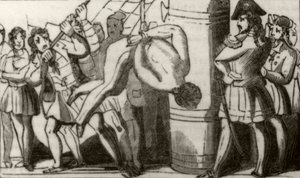 "Spriggs som hissar upp besättningen på en Boston-skonare till förtoppen och låter dem sedan falla på däck", c.1836 av Unknown artist