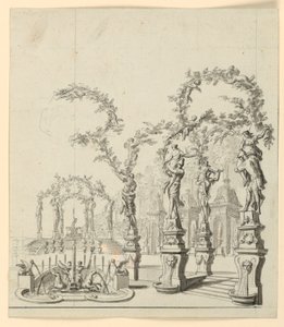 Scenografi: Trädgårdsarkitektur med fontän och skulpturer av Unknown artist