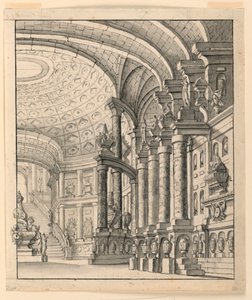 Scendesign: Hall med tak och urnor av Unknown artist