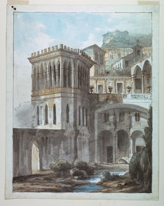 Scenografi, utsikt över staden på sluttningen av Unknown artist