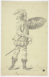 Stående sida med sköld och svärd av Unknown artist