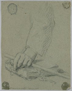 Studie: vänster hand av en ung man som håller en pinne och vilar på en bok av Unknown artist