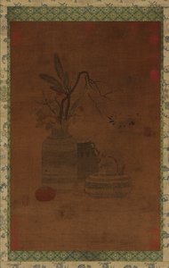 Gobeläng: en skål, två burkar, blommor och frukt av Unknown artist