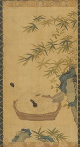 Gobeläng: duvor som badar i en skål; stenar och bambu av Unknown artist