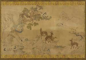 Gobeläng: landskap med rådjur, storkar, tallar och persikoträd av Unknown artist