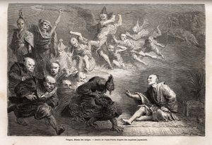 Tengu eller drömmarnas demon, mindre gud för japansk folklore, zoomorph, han tar formen av en korp, utrustad med magiska krafter, det är ett populärt ämne för konst, teater och litteratur i Japan. Gravyr för att illustrera resan till Japan 1863-1864, av Ai av Unknown artist