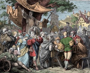 Tetzel som säljer avlat - Johann Tetzel (1465-1519), tysk dominikansk präst, säljer avlat för byggandet av Peterskyrkan i Rom, cirka 1515 av Unknown artist
