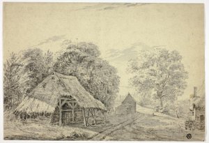 Halmtäckt skjul på gården av Unknown artist
