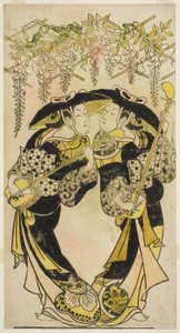 Skådespelarna Sanjo Kantaro (t.h.) och Fujimura Handayu (t.v.) som musiker som spelar under blåregn av Unknown artist