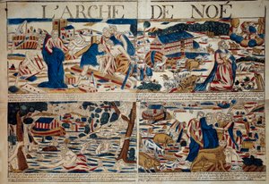The Ark of Noe Konstruktionen av arken, Noe får tillkännagivandet om syndafloden, syndfloden, djurarten som räddades efter syndafloden”” Gravyr av 1700-talets privatsamling av Unknown artist