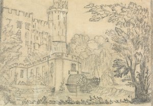 Baksidan av ett stort slott med vattenhjul i förgrunden av Unknown artist