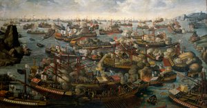 Slaget vid Lepanto, 7 oktober 1571, slutet av 1500-talet (olja på duk) av Unknown artist