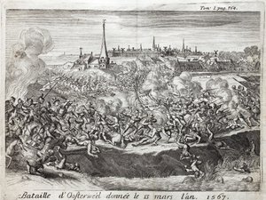 Slaget vid Oosterweel (Nederländerna, Nederländerna), hölls den 13 mars 1567, den första konfrontationen av kriget under åttio (åtti) år (1567-1648). Gravyr för att illustrera "History of the War of Flanders", av Flamianus Strada, upplagan Joseph T