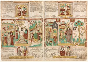 De fattigas bibel (Biblia Pauperum), Faraos armé drunknade i Röda havet; Kristi dop; och Moses spioner som återvänder med druvor från Kanaan Esau säljer Jakob sin förstfödslorätt; Kristi frestelse; och Adams och Evas frestelse av Unknown artist