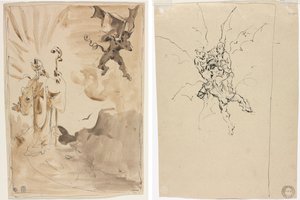 Biskopen och demonen (recto); Tre demoner som håller en riddare (verso) av Unknown artist