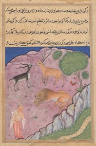 Brahmanen stöter på ett lejon som har en hjort och en gasell som vesirer, från en Tuti-nama (Berättelser om en papegoja): Twenty-first Night av Unknown artist