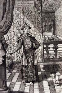 Den kinesiske kejsaren och tatarernas högsta härskare - kinesisk kejsare Kangxi (1652-1722) Qing-dynastin, gravyr av Athanasius Kircher (1601-1680) från "" China Monumentis, qua sacris qua profanis""" 1667 - kinesiska kejsaren (1652xi) -1722) Qingdynastin, av Unknown artist