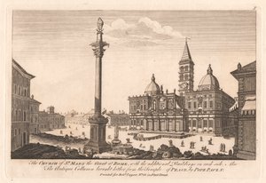Kyrkan av St. Maria den stora i Rom, med de extra byggnaderna på varje sida; Också den antika kolumnen som fördes hit från fredens tempel, av påven Paul, V av Unknown artist