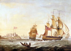 Den danska basen Cristianborg byggdes 1659 längs Guinees kust, centrum för trafiknegern. av Unknown artist