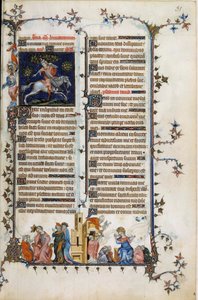Den danske prelaten och statsmannen Absalon eller Axel (1128-1201), som torkade Danmark från pirater, dör upphängd i ett träd. Nedan, en allegori över galenskap, förklarar profeten Daniel sin dröm för kung Nebukadnessar. Till höger, scen för sakramentet av av Unknown artist