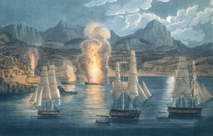 Engelsmännen förstör franska fartyg i Sagone-bukten på Korsika den 30 april 1811 (kolorerad akvatint) av Unknown artist