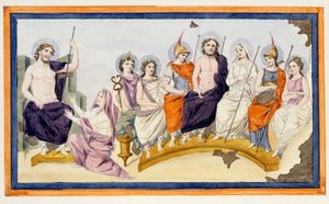 Olympus gudar och till vänster Thetis, Akilles mor, står på knä mot Zeus (Jupiter) för att tigga honom att hjälpa sin son mot Agamemnon och att stödja trojanerna. L