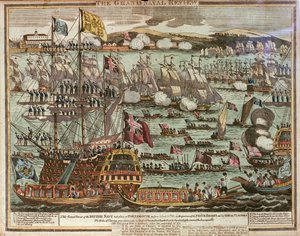 Den stora genomgången av flottan. Denna stora genomgång av den brittiska flottan ägde rum i Portsmouth den 24 och 25 juni 1814 i närvaro av prinsregenten och hans kungliga gäster, ca 1814 (färgad etsning) av Unknown artist