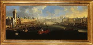 Louvrens Grande Galerie, med Porte Neuve, Pont-Neuf, Cité, Collège des Quatres-Nations under uppförande och Quai Malaquais, ca 1665, mellan 1665 och 1670 (olja på duk) av Unknown artist