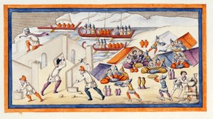 Grekerna började gräva ett bålverk för att skydda sina baracker och skepp. Iliaden. Sång VII. Gravyr från slutet av 1700-talet. av Unknown artist