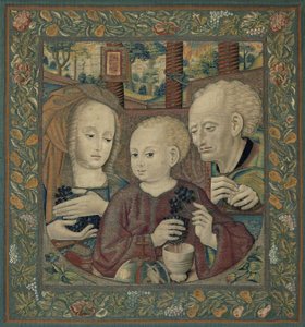 Den heliga familjen med Kristusbarnet som pressar eukaristins vin av Unknown artist