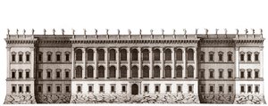 Louvren i Paris, projekt av Gian Lorenzo Bernini: höjd av huvudfasaden mot Tuileries - Från "" Architecture francoise"" av Jacques-Francois Blondel - Höjd av huvudfasaden cote jardin de Tuileries - projekt av Bernin - gravyr av Je av Unknown artist