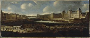 Pont-Neuf, sett från Place Dauphines entré, Quai Malaquais med Collège des Quatre-Nations under uppförande, Grande Galerie och Louvren, ca 1665, mellan 1660 och 1670 (olja på duk) av Unknown artist