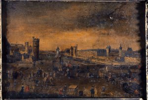 Pont-Neuf, sett från ingången till Place Dauphine, Hôtel de Nevers, Tour de Nesle, Grande Galerie med Porte Neuve och Louvren, ca 1640, nuvarande 1:a och 6:e arrondissementet, mellan 1635 och 1645 (olja på duk) av Unknown artist