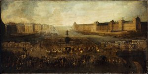 Pont-Neuf, sett från ingången till Place Dauphine, Quai Malaquais med Collège des Quatres-Nations, Grande Galerie och Louvren, ca 1665 av Unknown artist