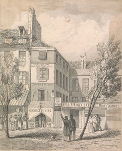 Jeschis residens i Boulevard du Temple, från en ritning gjord på plats. Fönstret täckt med en persienn är den varifrån den dödliga motorn var [Dissil?]; sida 2 (volym två) av Unknown artist