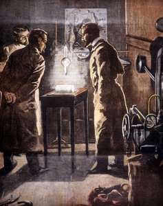 Röntgen (Rontgen) eller röntgenstrålar. Upptäckt 1895. Illustration som representerar experimentet. av Unknown artist