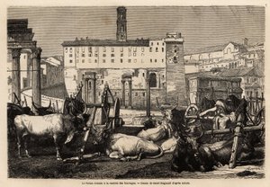 Forum Romanum har arrenden av foder, oxarna ligger mitt bland kärror och forntida ruiner. Engravure pour illustrrer le voyage à Rome, av Francis Wey, 1864-1868, publicerad i "" Le tour du monde""" 1869, redigerad av Edouard Charton, upplaga Hachette, av Unknown artist