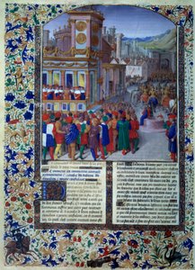 Romarna förbereder sätet för Veies 396 f.Kr. Miniatyr från "" Histoire romaine" (Ad urbe condita) av Tite Live (59 f.Kr.-17 e.Kr.) (Titus Livius), översatt av Pierre Bessuire 1450-1500 Paris, BN av Unknown artist