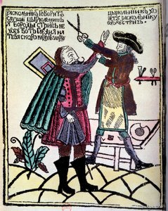 Den ryske tsaren Peter I den store (1672-1725) förkunnade en reform 1722 som krävde att man klippte skägget. Gravyr av 1700-talets Paris, B.N. av Unknown artist