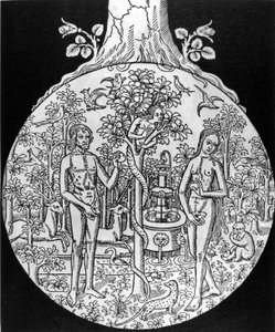 Vetenskapens träd (Adam och Eva i paradiset) - gravyr, deb. 1500-talet, i "" L