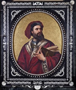 Den venetianske upptäcktsresanden Marco Polo håller verket "The Book of Wonders" under armen och återger sina resor av Unknown artist