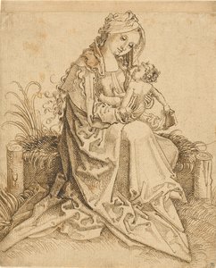 Jungfru Maria med barnet på en gräsbevuxen bänk av Unknown artist