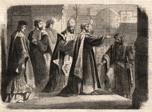 Ärkebiskopen Sankt Ambrosius av Milano (Aurelius Ambrosius, Ambrogio di Milano (340-397) förbjöd inträde av kyrkan till den romerske kejsaren Theodosius I (Flavius Theodosius) (347-395) för att straffa honom för massakern i Thessalonika 390 - Excommunicati av Unknown artist