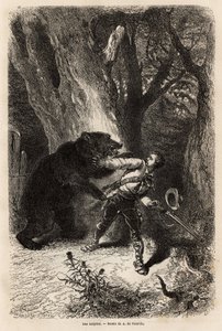 Författaren, under en utflykt runt Jacksonville, överraskas i skogen av en inhemsk björn och kedja. Gravyr för att illustrera berättelsen fyra månader i Florida, av Achille Pousselgue 1851-1852, publicerad i "" Le tour du monde"" 1870-1871, redigerad av Unknown artist